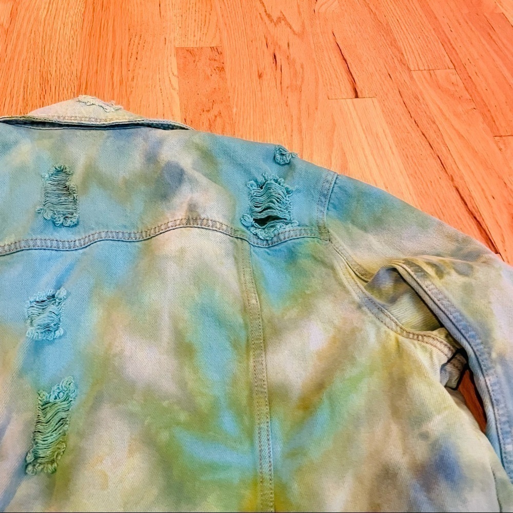 Festival Hand tie dyed distressed ripped jean jacket M - Picture 8 of 14